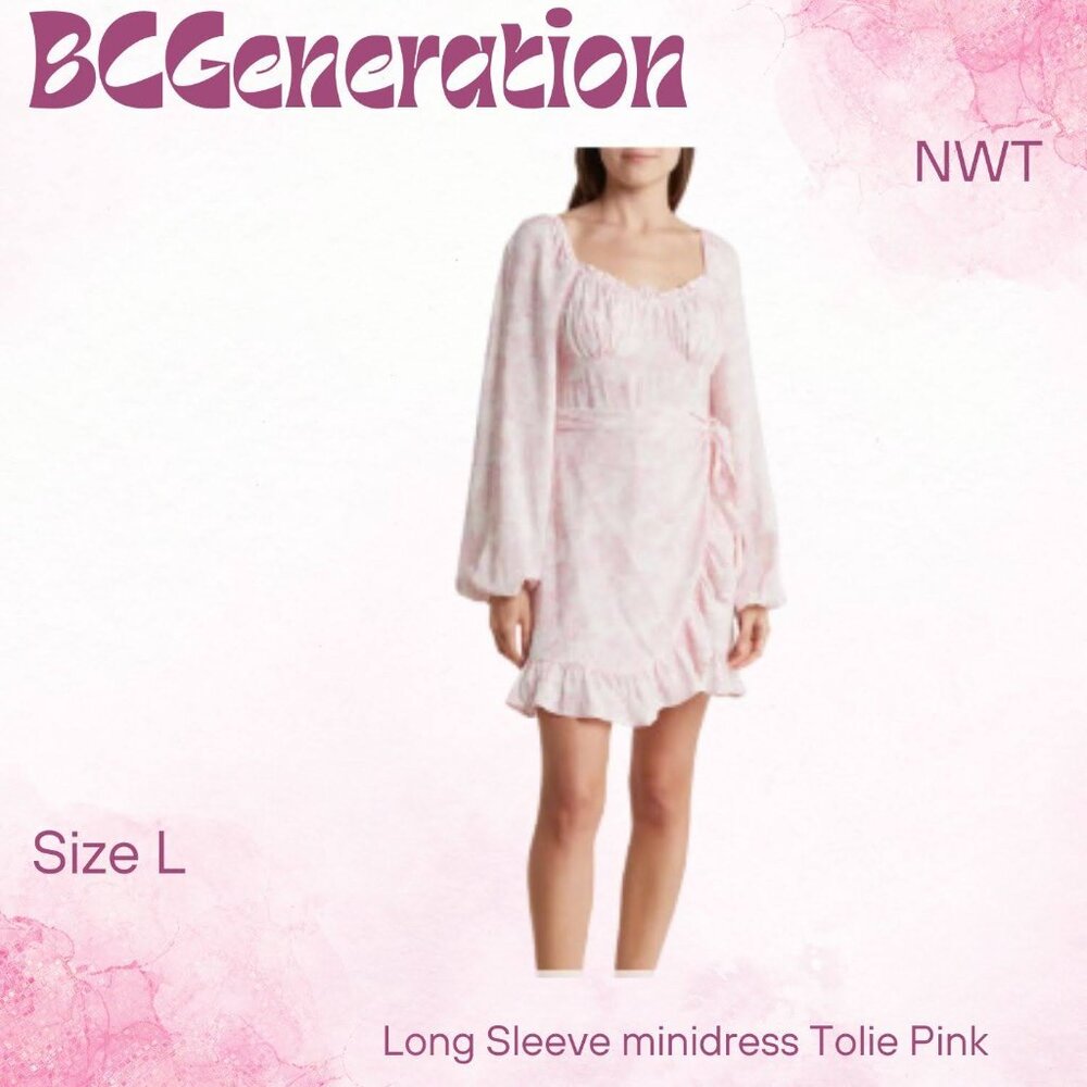 BCBGeneration Balloon Long sleeve Wrap Minidress Toile Pink SZ L NWT